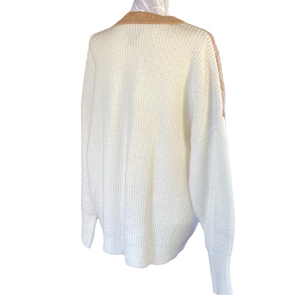 Lands End White Beige Colorblock Cable Knit Oversize Fisherman Sweater Sz Large - Picture 4 of 16